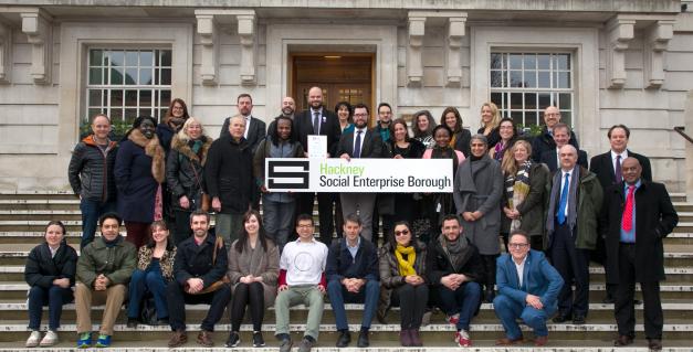 Group photo of Hackney Social Enterprises on Town Hall Steps following discussions with the Mayor.jpg